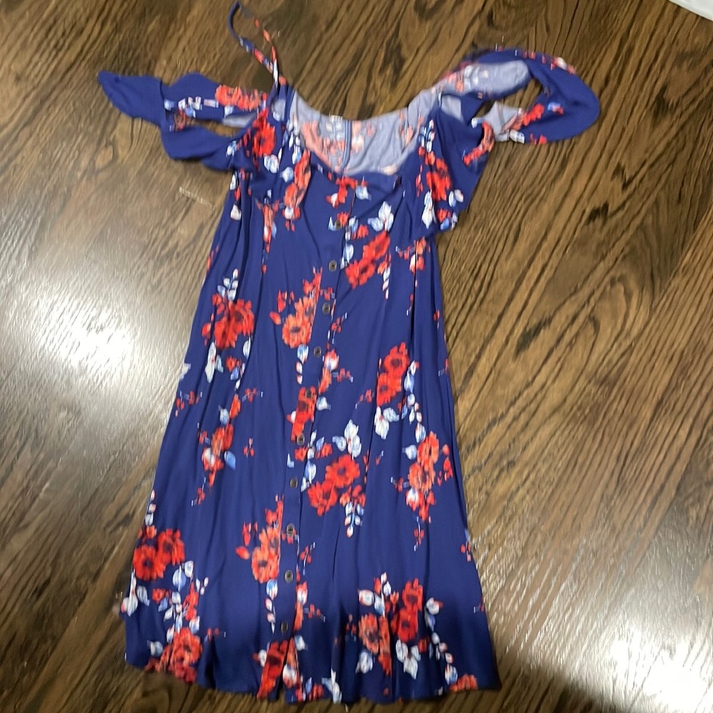 Navy and red floral off the shoulder dress